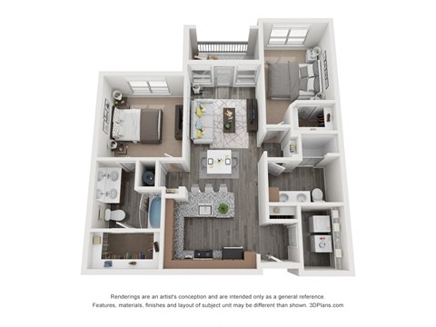 Floor plan for 2 beds, 2 baths, 1085 sqft